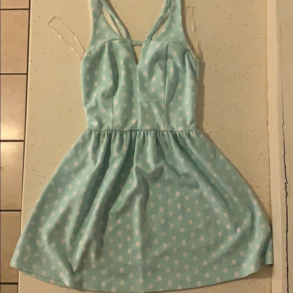 White and blue polka dot dress